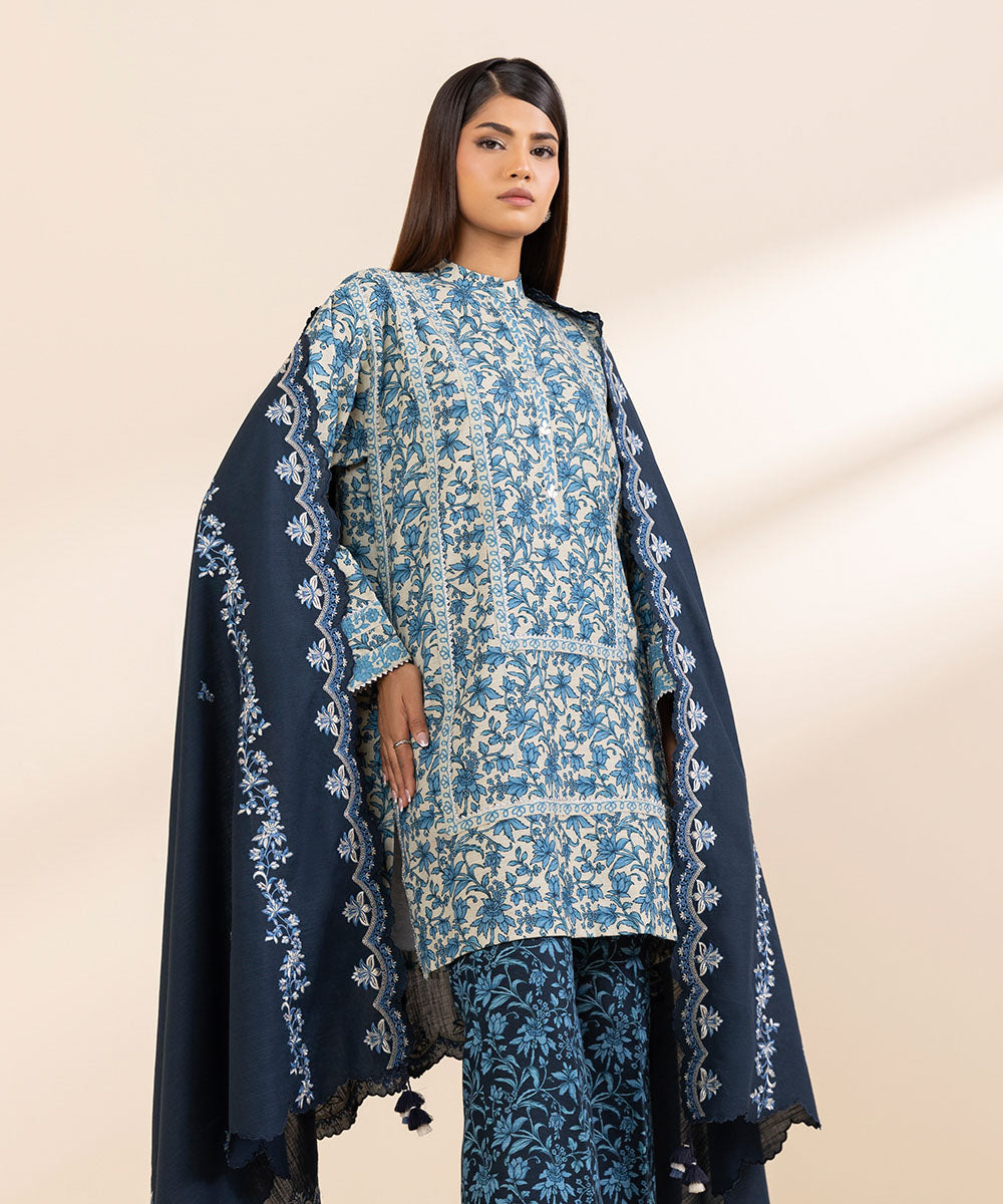 Women's Unstitched Khaddar Embroidered Blue 3 Piece Suit