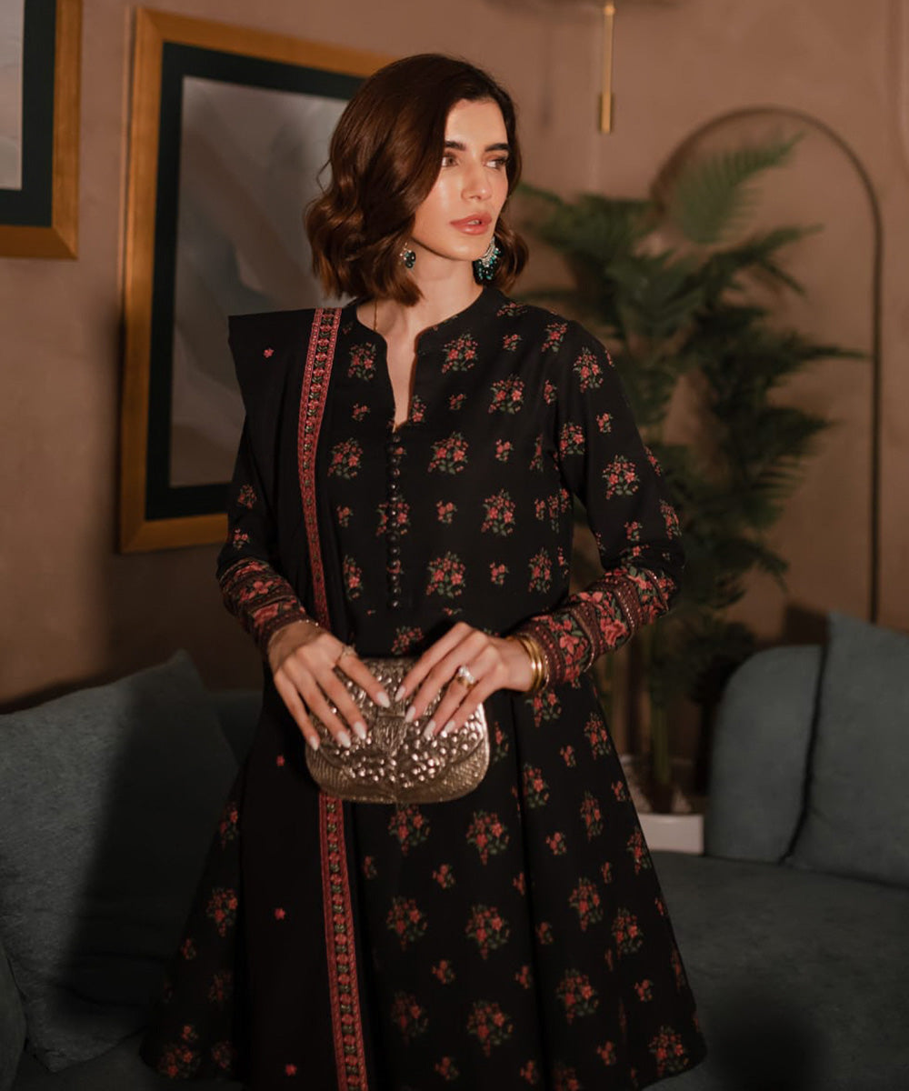 Women's Unstitched Khaddar Embroidered Black 3 Piece Suit