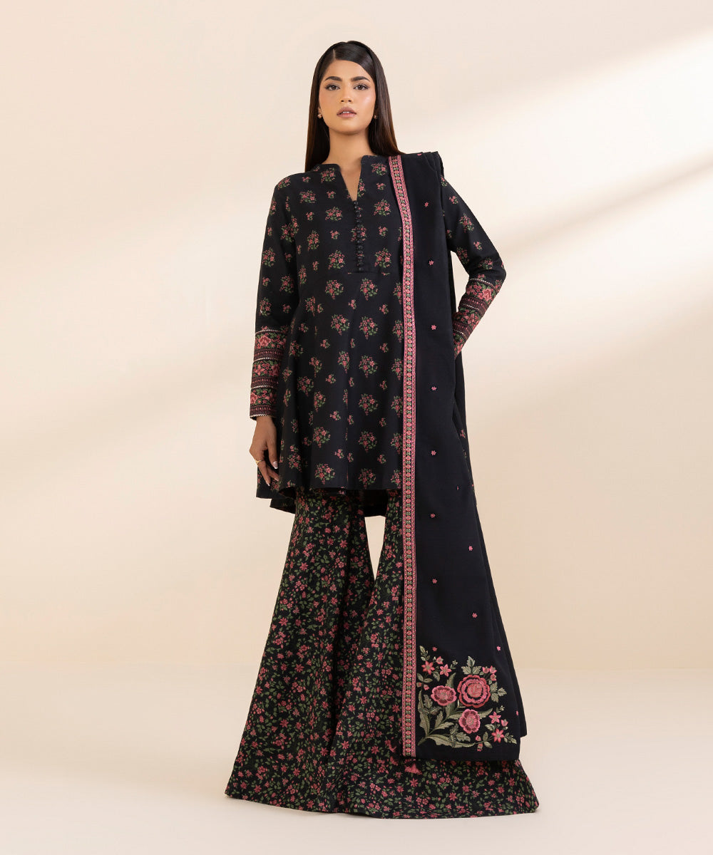 Women's Unstitched Khaddar Embroidered Black 3 Piece Suit