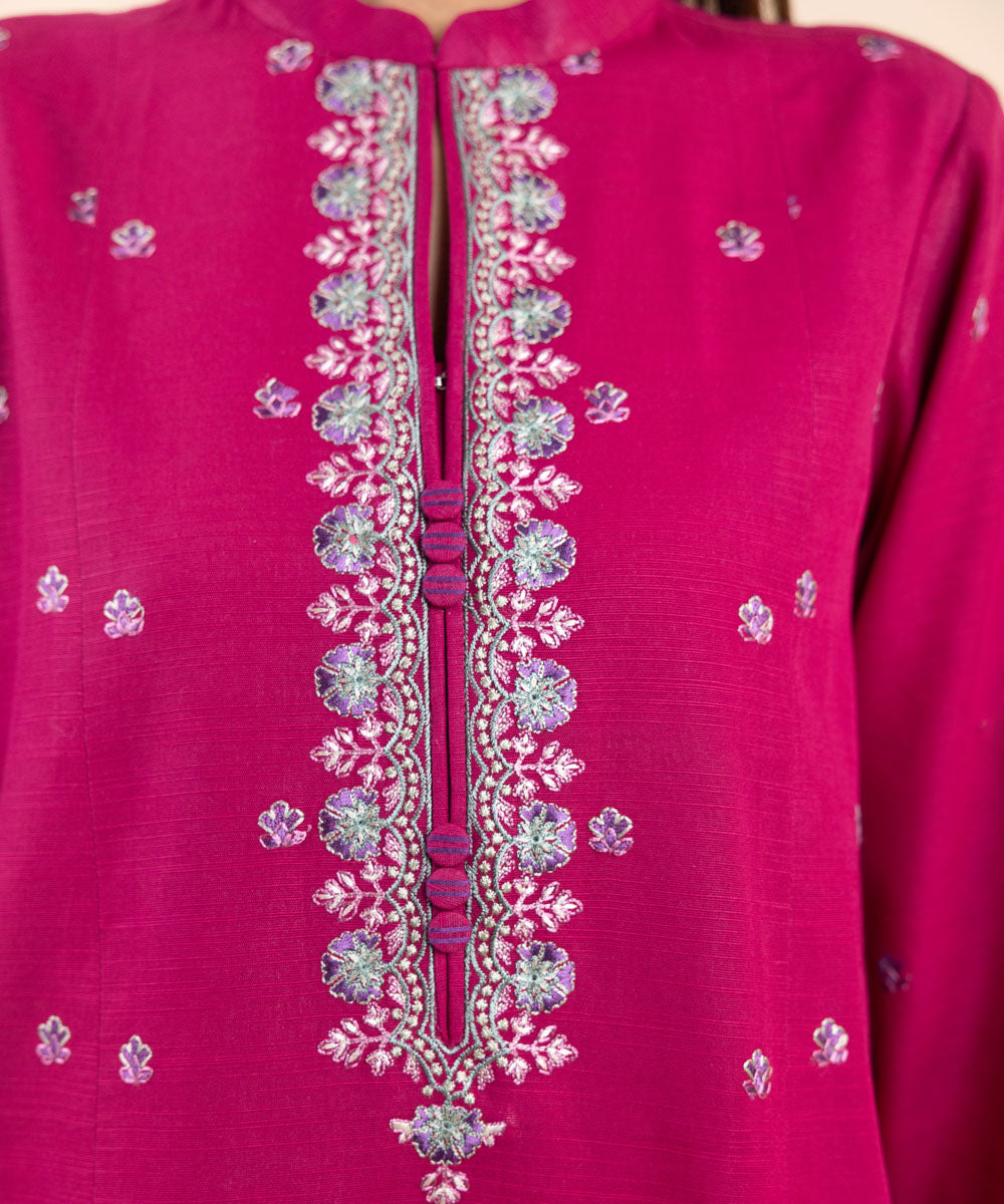 Women's Unstitched Khaddar Embroidered Pink 3 Piece Suit