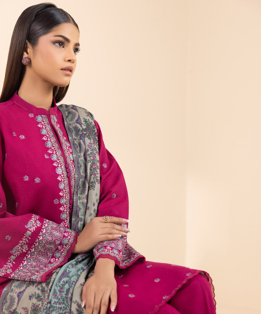 Women's Unstitched Khaddar Embroidered Pink 3 Piece Suit