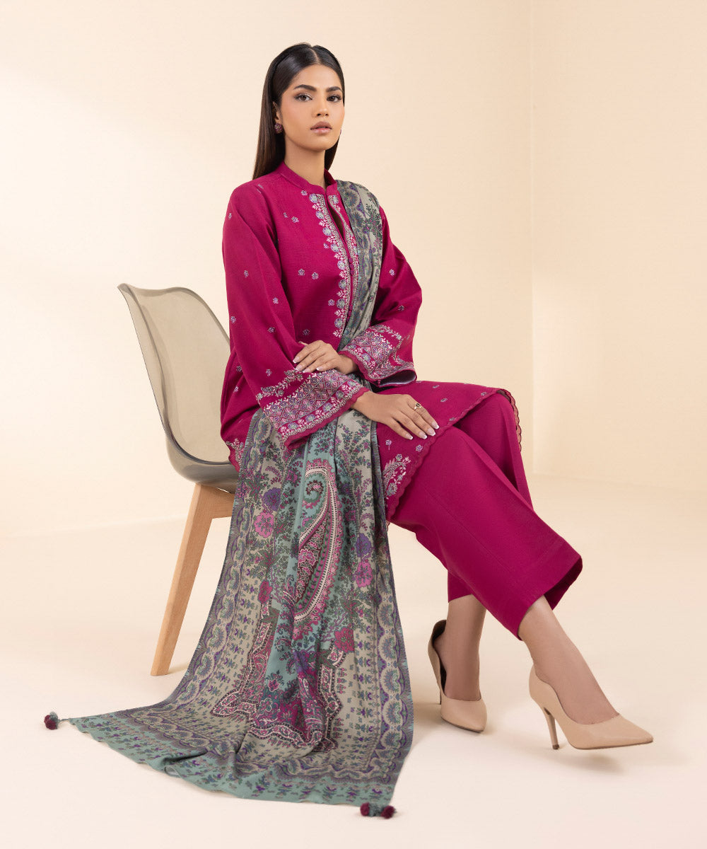 Women's Unstitched Khaddar Embroidered Pink 3 Piece Suit