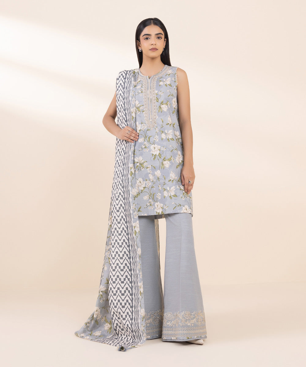 Women's Unstitched Khaddar Embroidered Blue 3 Piece Suit