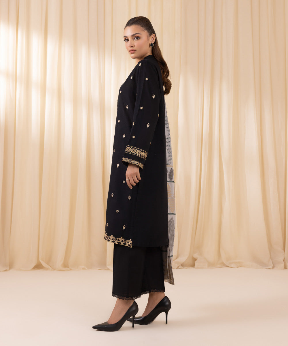 Women's Unstitched Khaddar Embroidered Black 3 Piece Suit