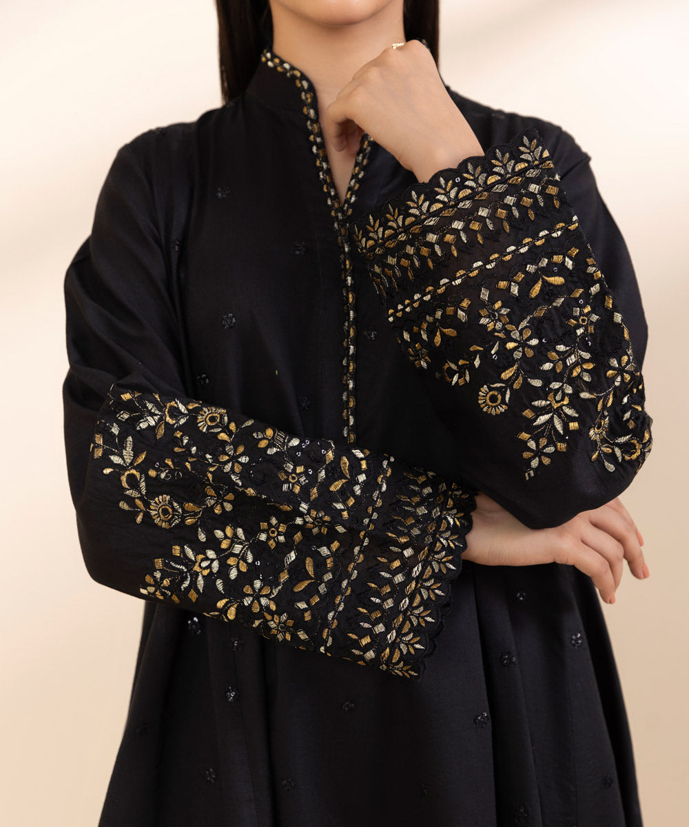 Women's Unstitched Khaddar Embroidered Black 3 Piece Suit