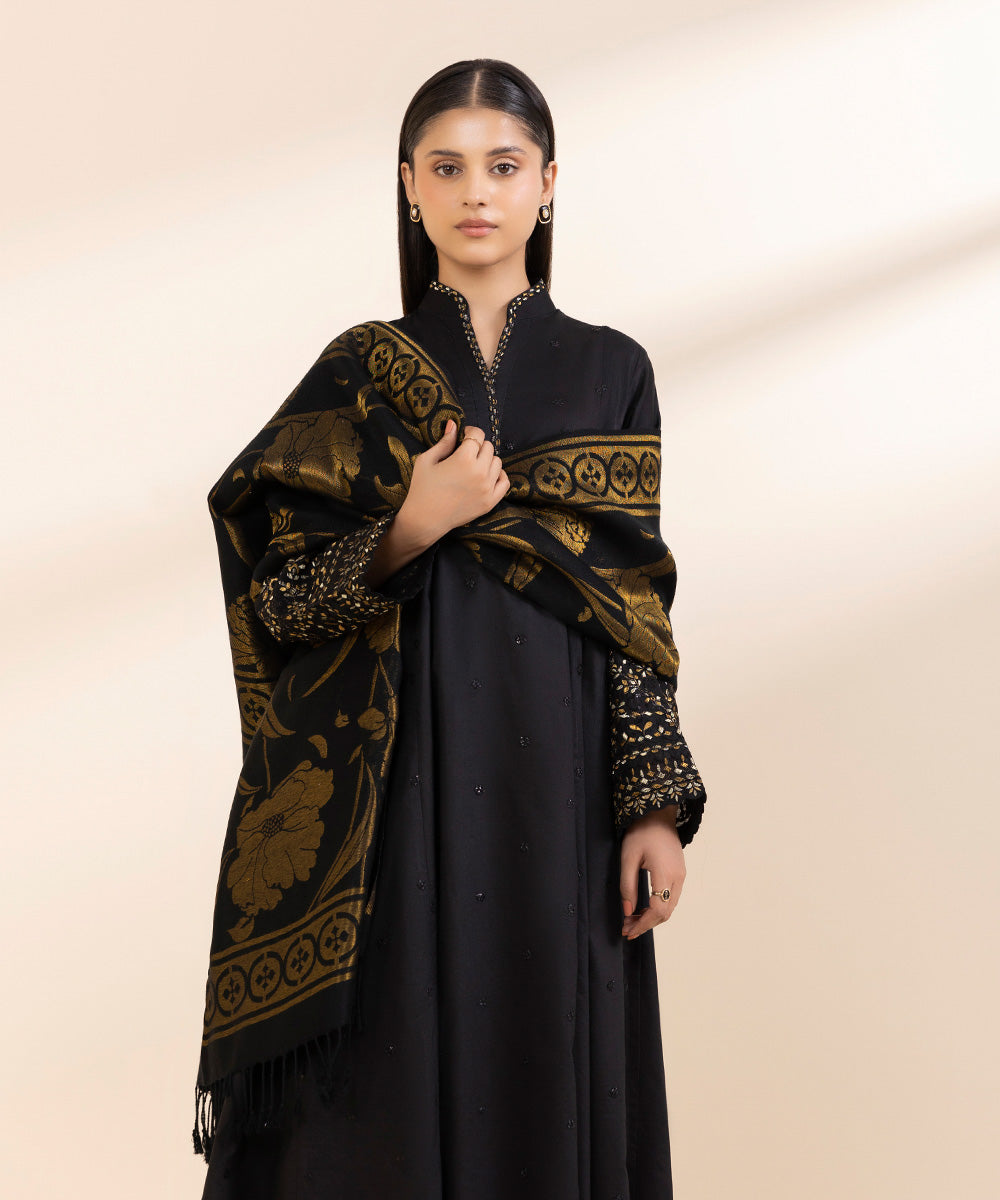 Women's Unstitched Khaddar Embroidered Black 3 Piece Suit