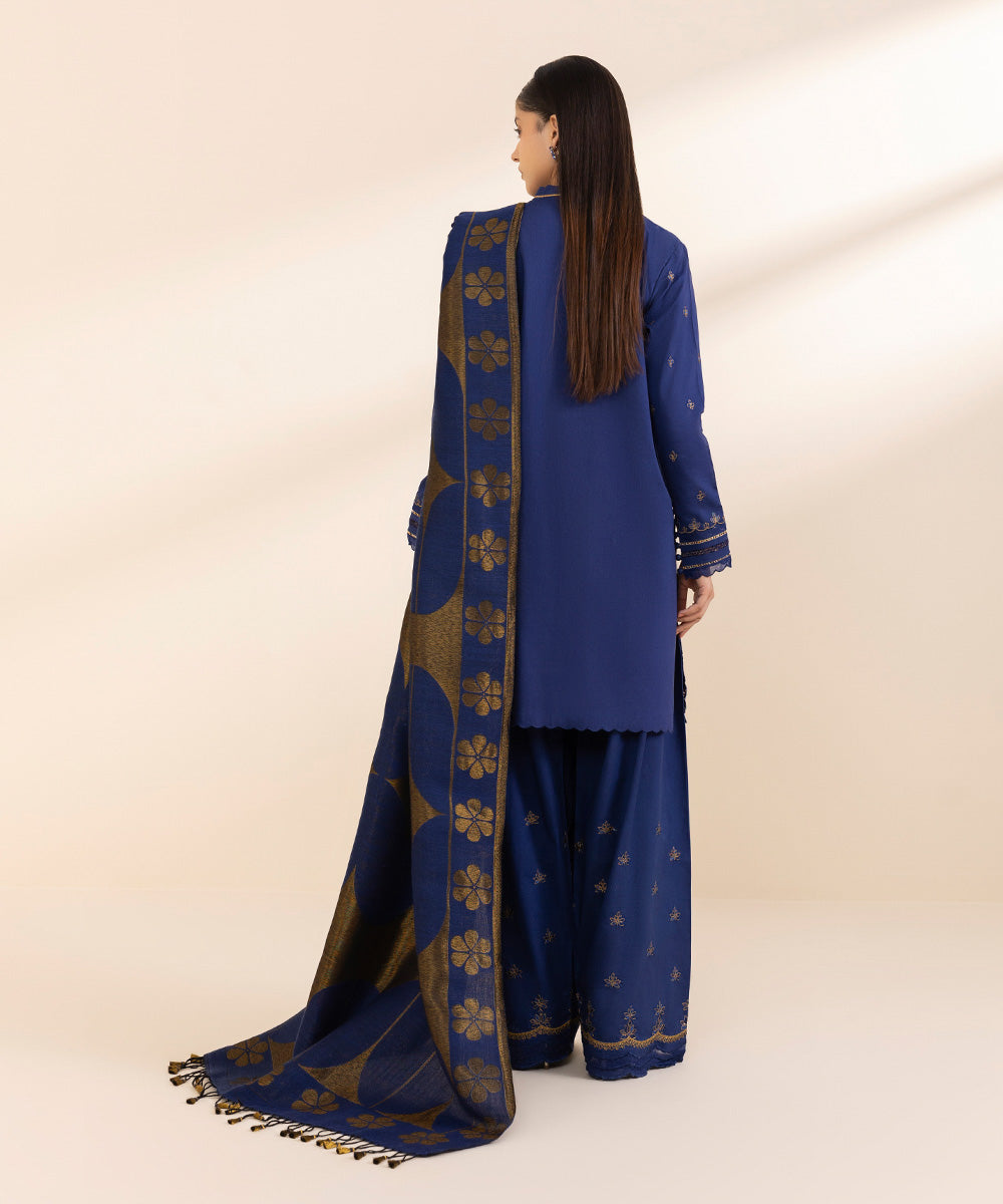 Women's Unstitched Khaddar Embroidered Blue 3 Piece Suit