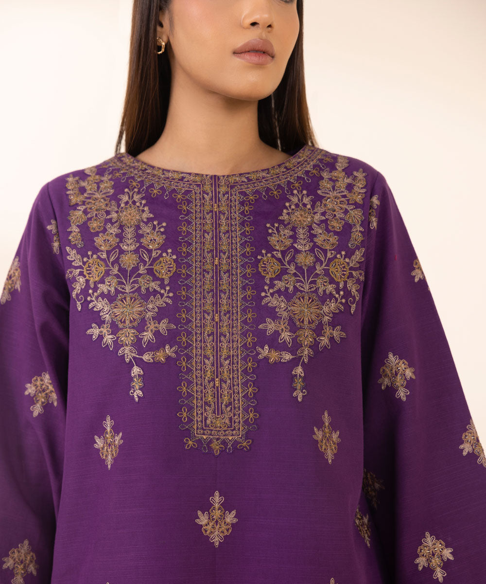 Women's Unstitched Khaddar Embroidered Purple 3 Piece Suit