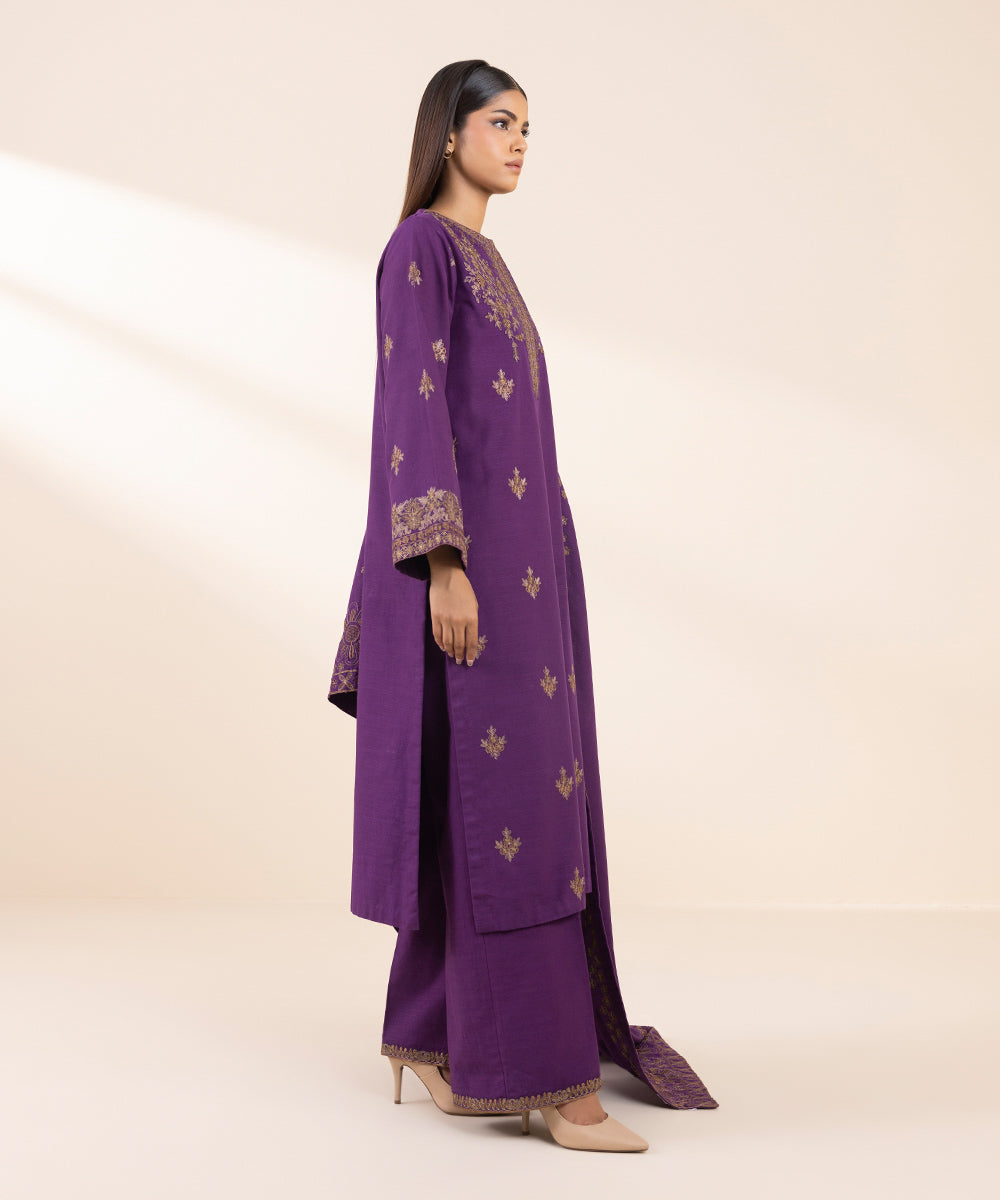 Women's Unstitched Khaddar Embroidered Purple 3 Piece Suit