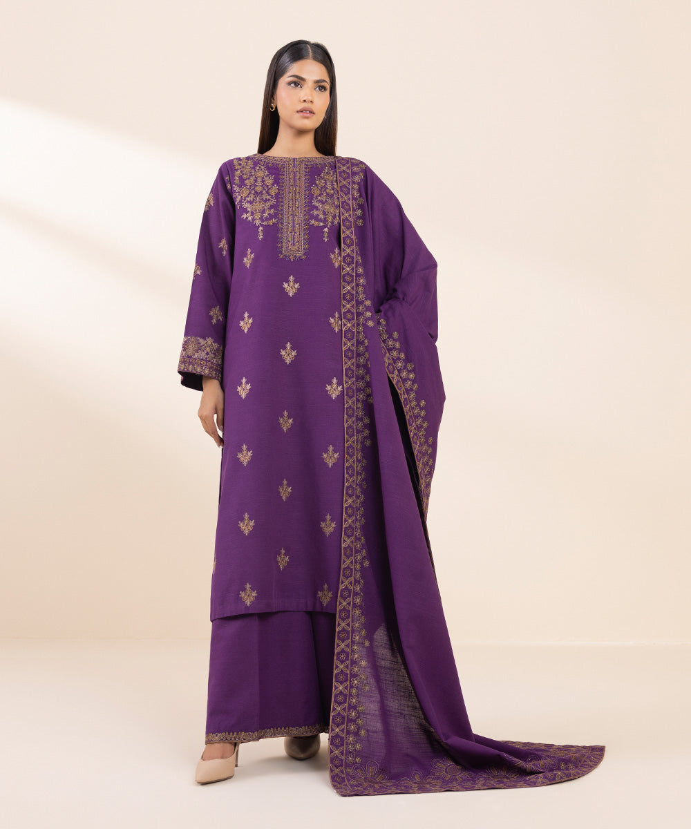 Women's Unstitched Khaddar Embroidered Purple 3 Piece Suit