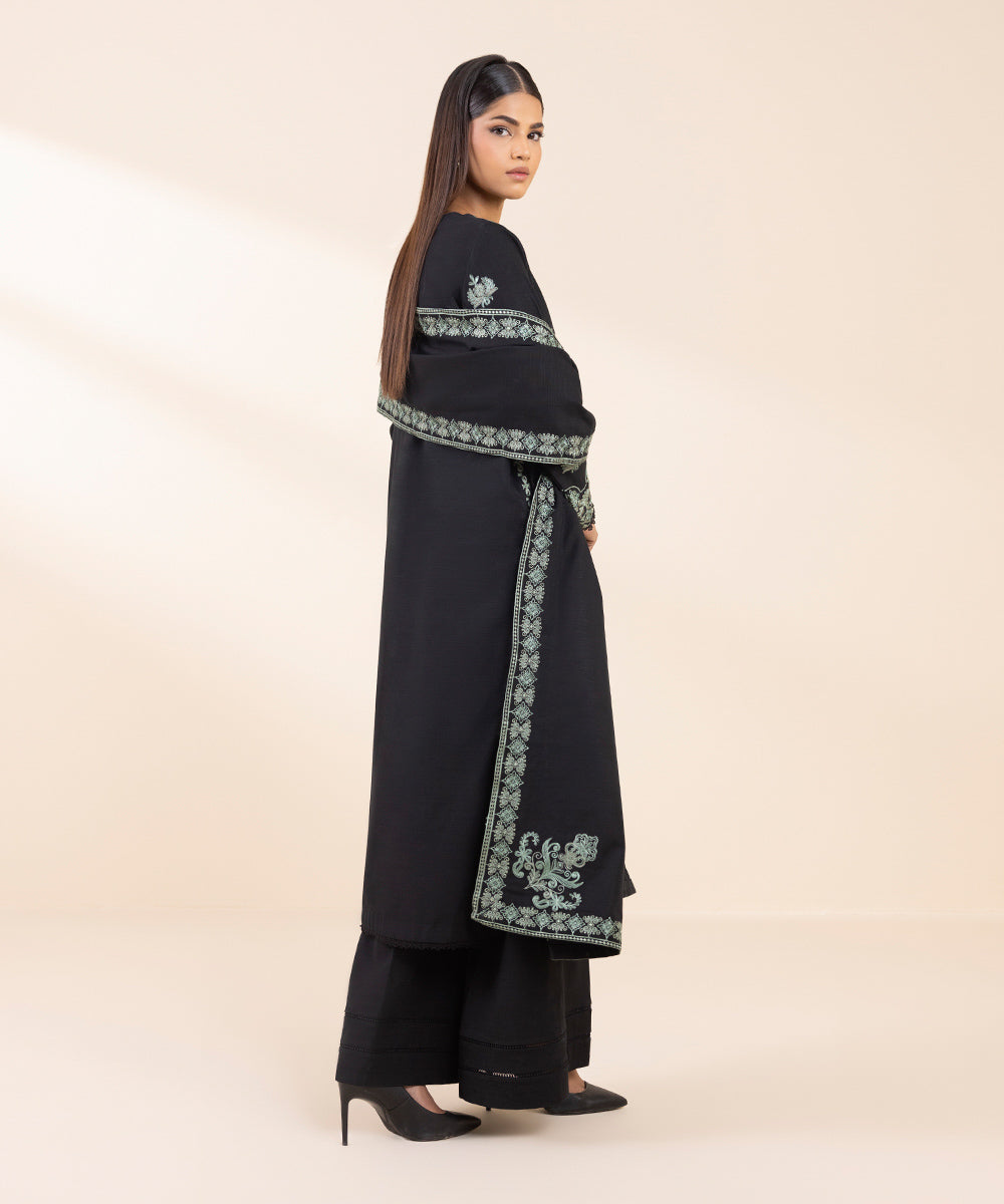 Women's Unstitched Khaddar Embroidered Black 3 Piece Suit