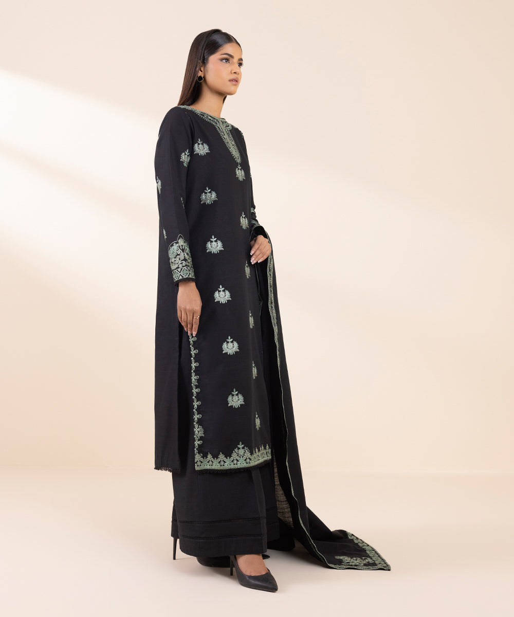 Women's Unstitched Khaddar Embroidered Black 3 Piece Suit