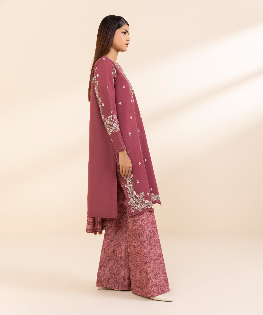 Women's Unstitched Khaddar Embroidered Pink 3 Piece Suit