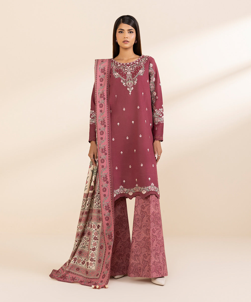 Women's Unstitched Khaddar Embroidered Pink 3 Piece Suit