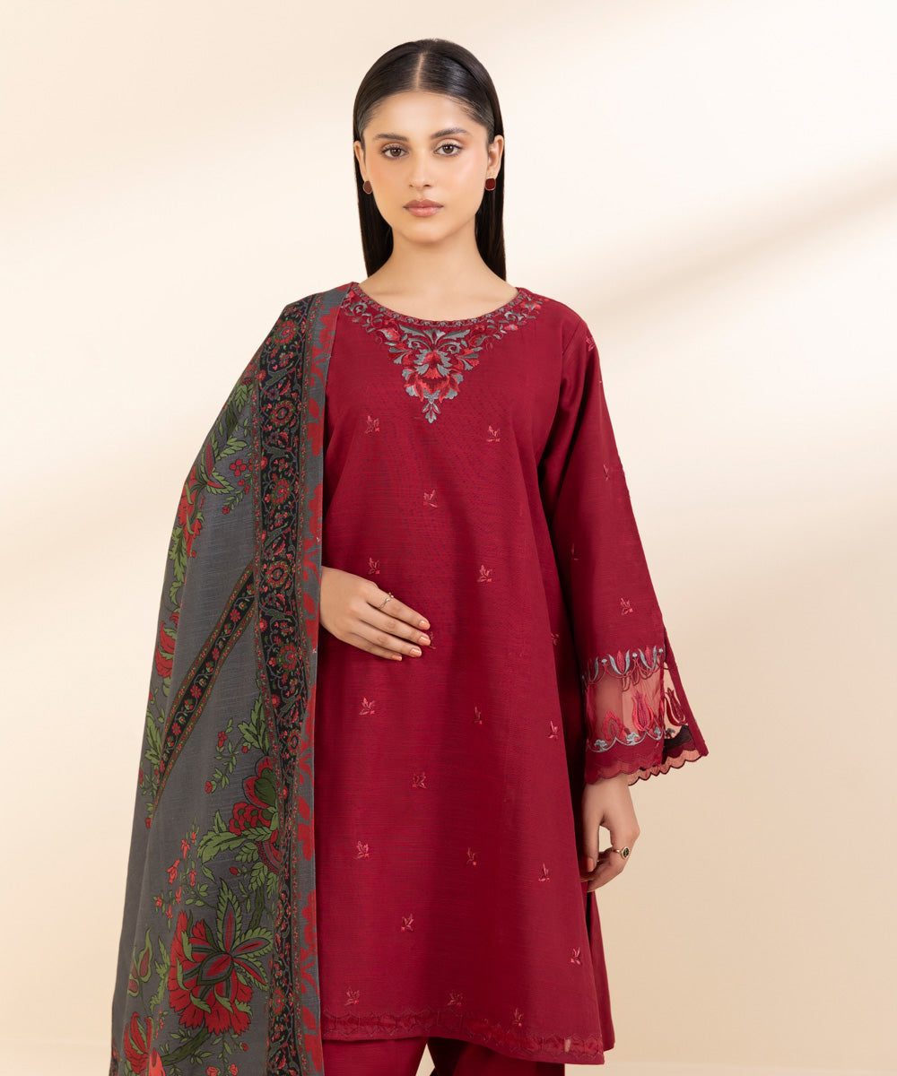 Women's Unstitched Khaddar Embroidered Red 3 Piece Suit