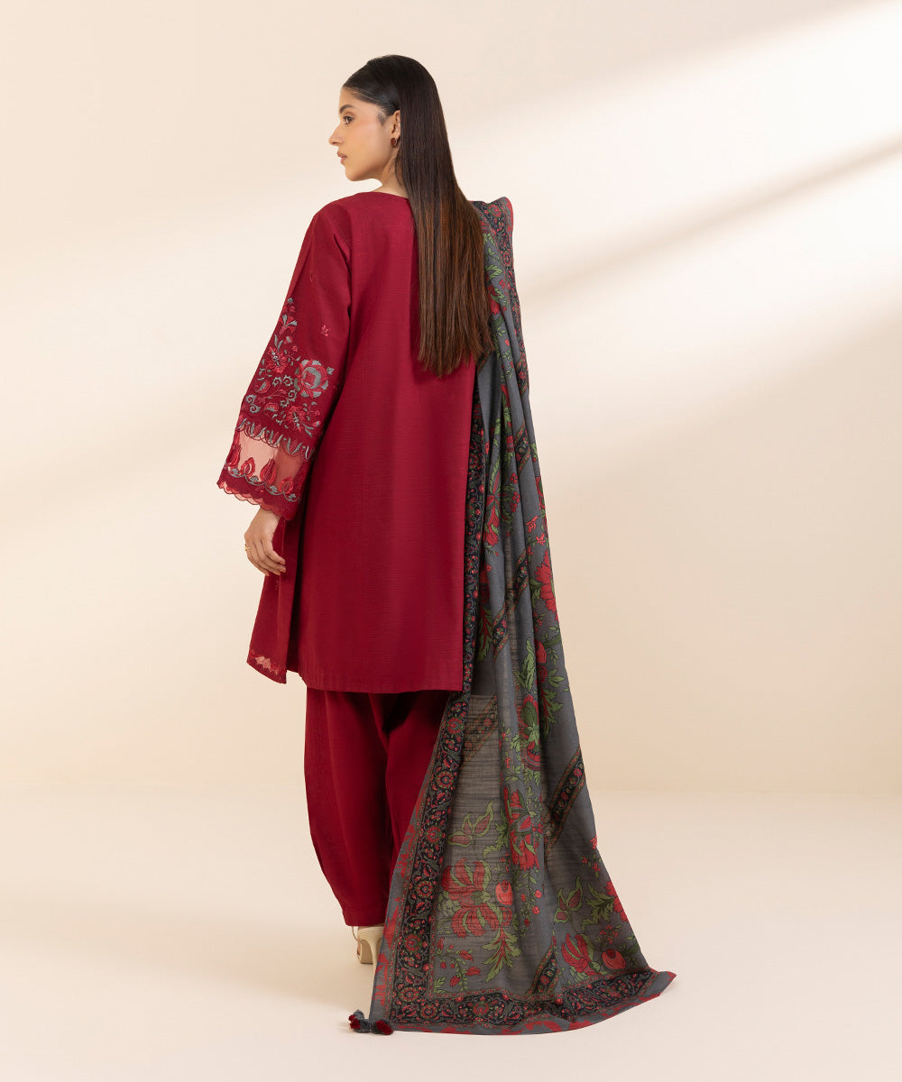 Women's Unstitched Khaddar Embroidered Red 3 Piece Suit