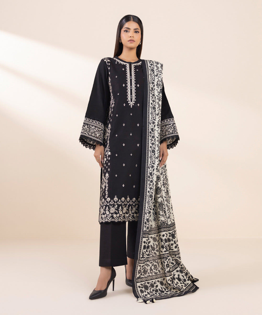 Women's Unstitched Khaddar Embroidered Black 3 Piece Suit