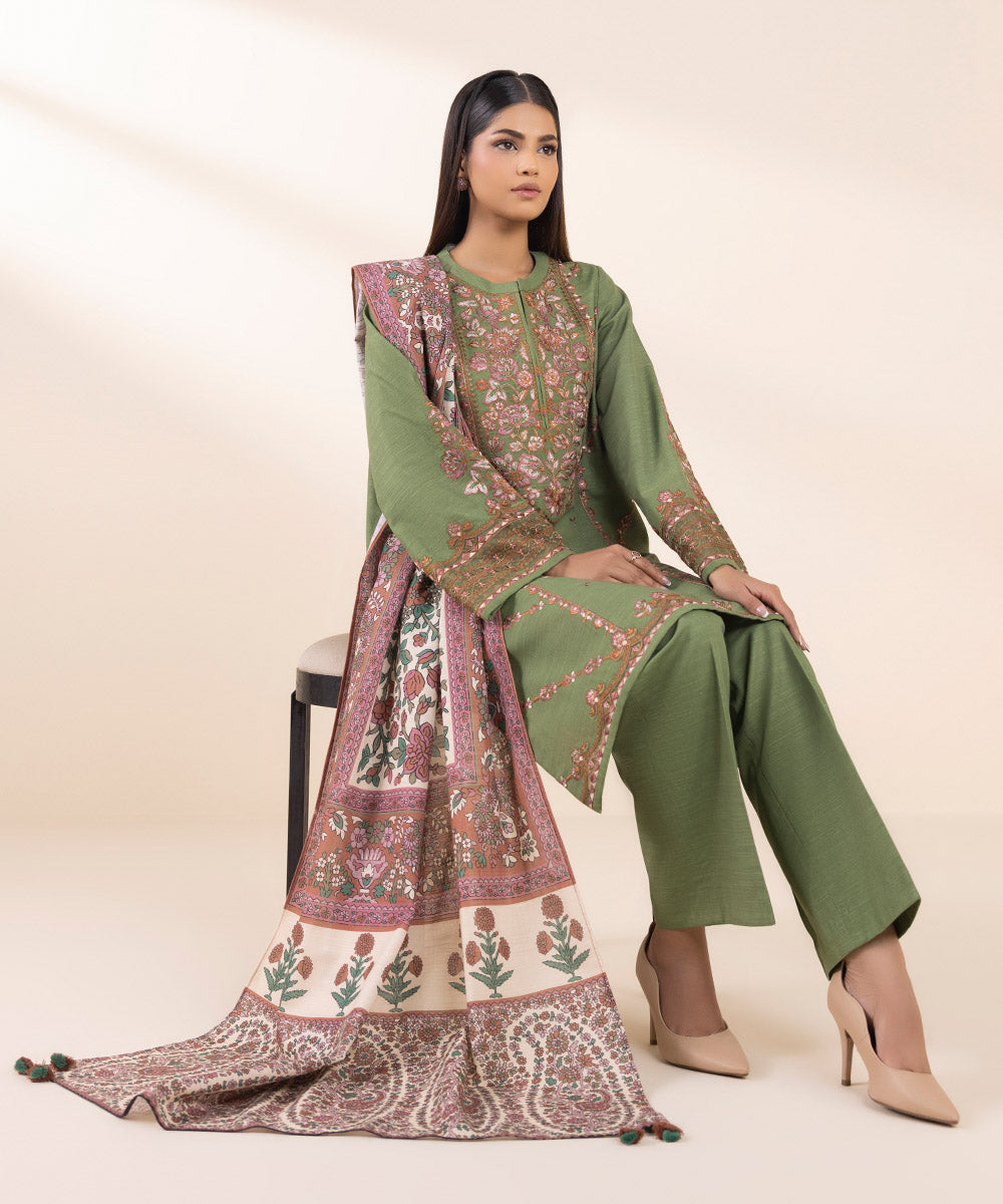 Women's Unstitched Khaddar Embroidered Green 3 Piece Suit