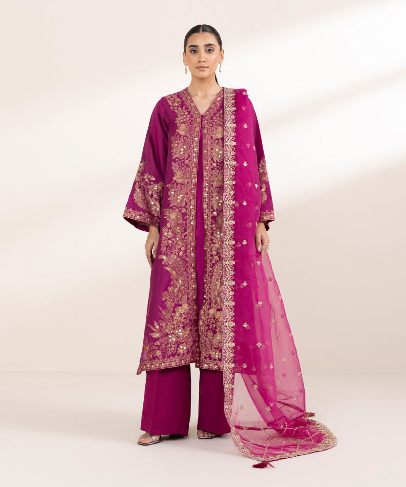 Women's Pret Solid Magenta Fancy Jacquard Three Piece Suit