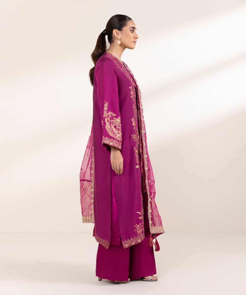 Women's Pret Solid Magenta Fancy Jacquard Three Piece Suit