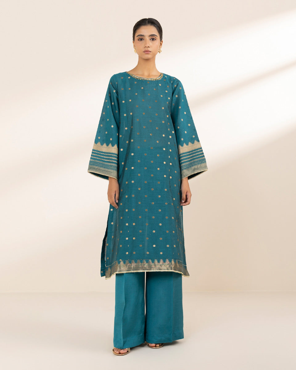 Women's Pret Solid Teal Fancy Jacquard Two Piece Suit