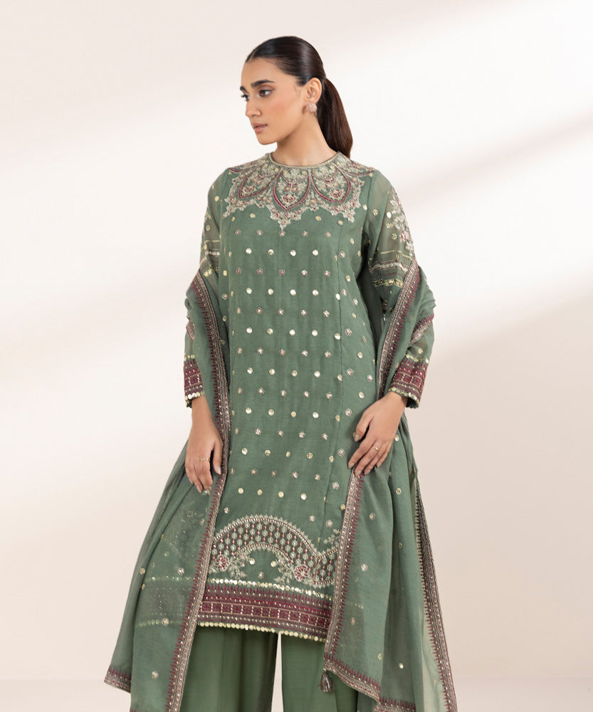 Women's Pret Solid Embroidered Fern Green Blended Textured Karandi Three Piece Suit