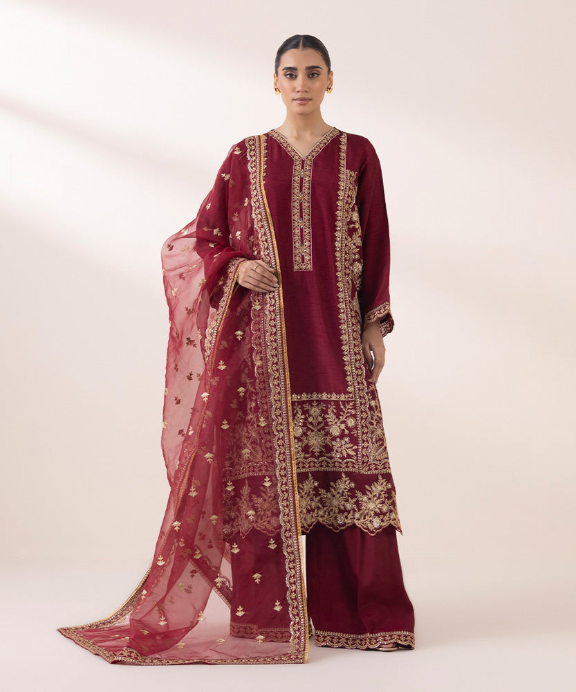 Women's Pret Solid Embroidered Maroon Raw Silk Three Piece Suit