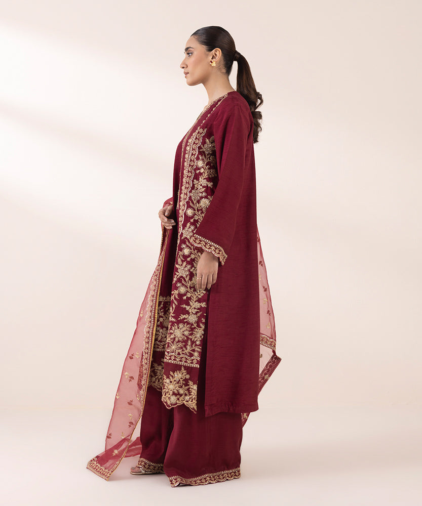 Women's Pret Solid Embroidered Maroon Raw Silk Three Piece Suit