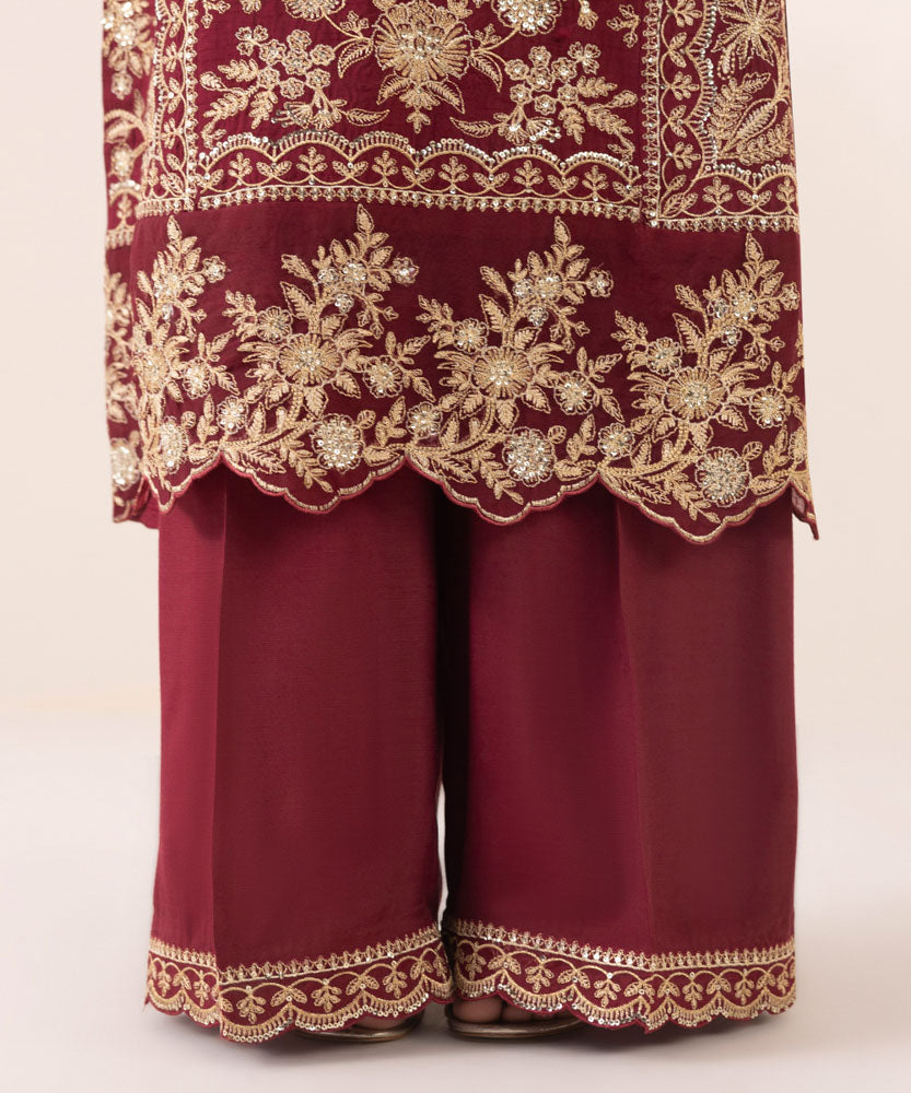 Women's Pret Solid Embroidered Maroon Raw Silk Three Piece Suit