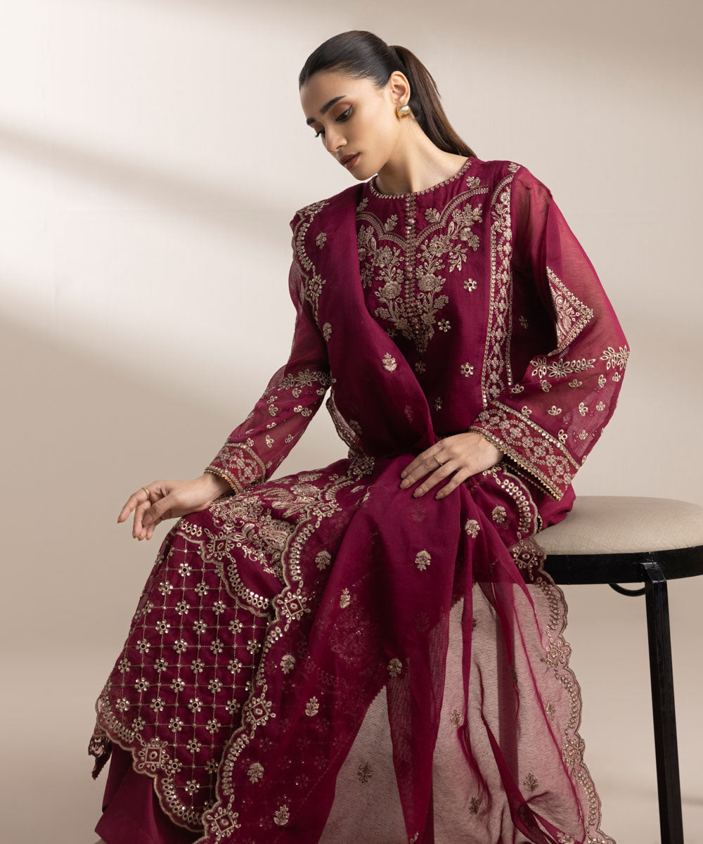 Women's Pret Textured Karandi Red Embroidered Three Piece Suit