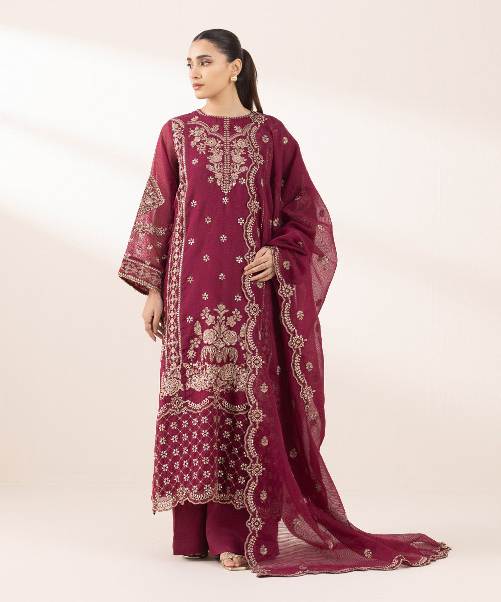 Women's Pret Textured Karandi Red Embroidered Three Piece Suit