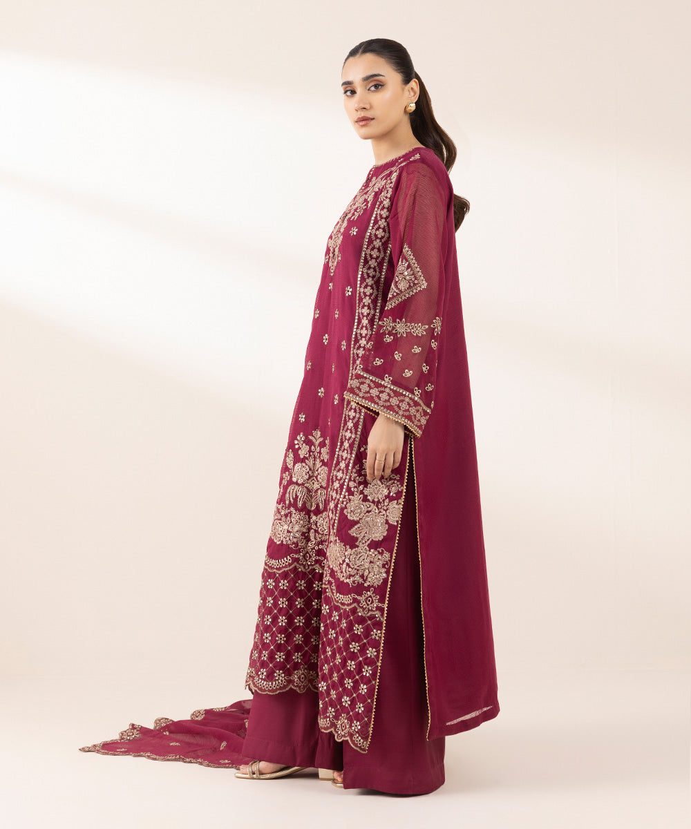 Women's Pret Textured Karandi Red Embroidered Three Piece Suit