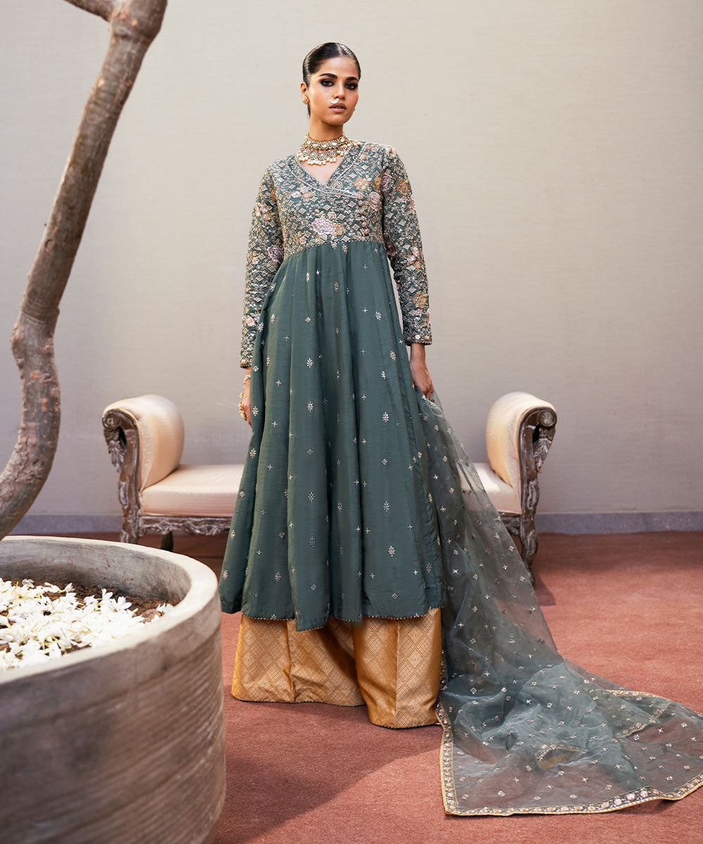 Women's Pret Raw Silk Green Embroidered Three Piece Suit