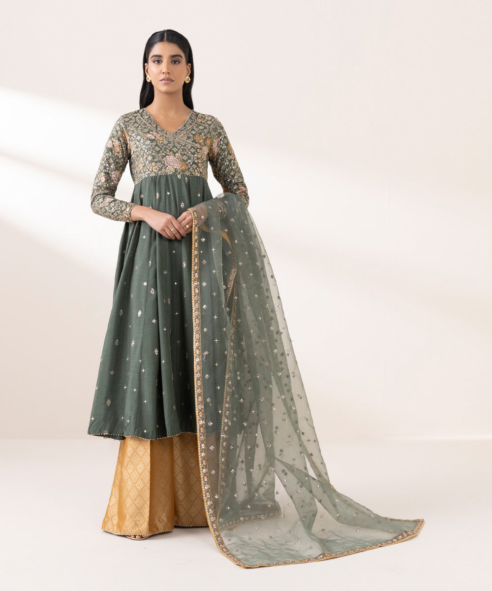 Women's Pret Raw Silk Green Embroidered Three Piece Suit