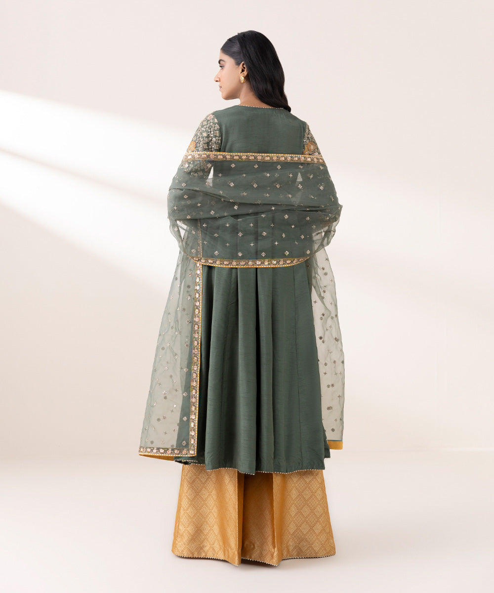 Women's Pret Raw Silk Green Embroidered Three Piece Suit