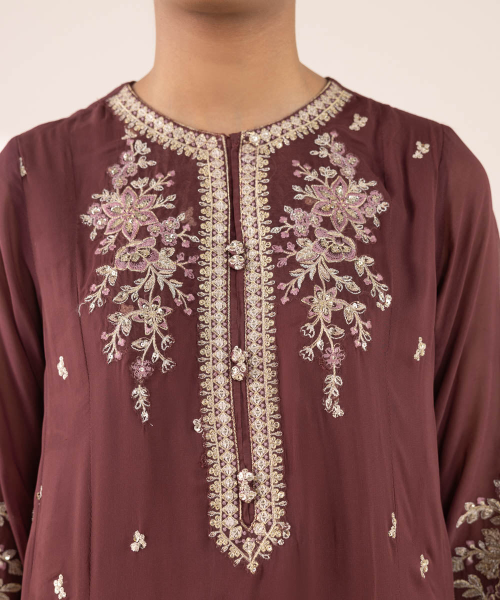 Women's RTW Georgette Chiffon Brown Embroidered Three Piece Suit