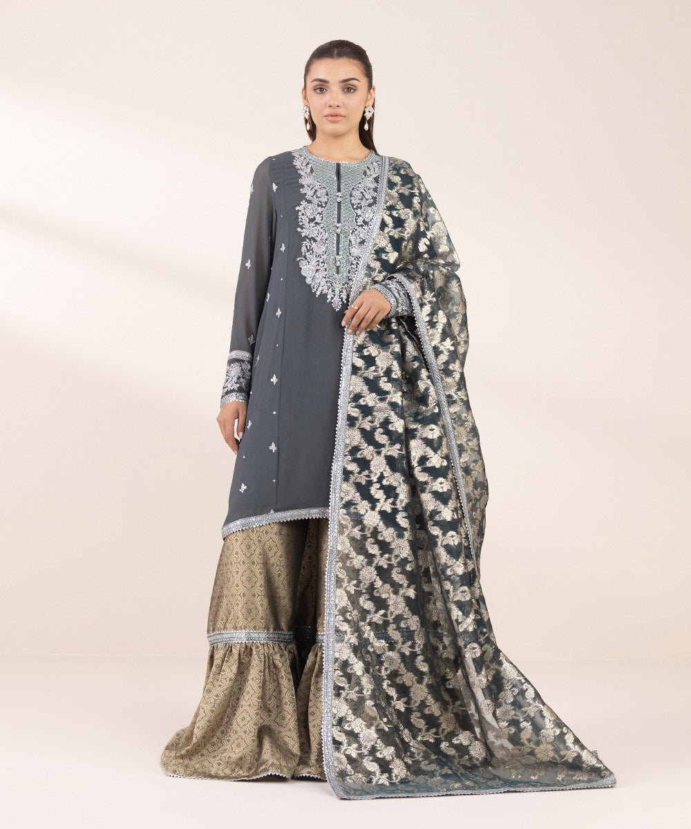 Women's RTW Georgette Chiffon Green Embroidered Three Piece Suit