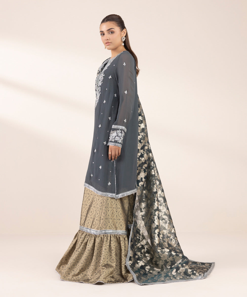 Women's RTW Georgette Chiffon Green Embroidered Three Piece Suit