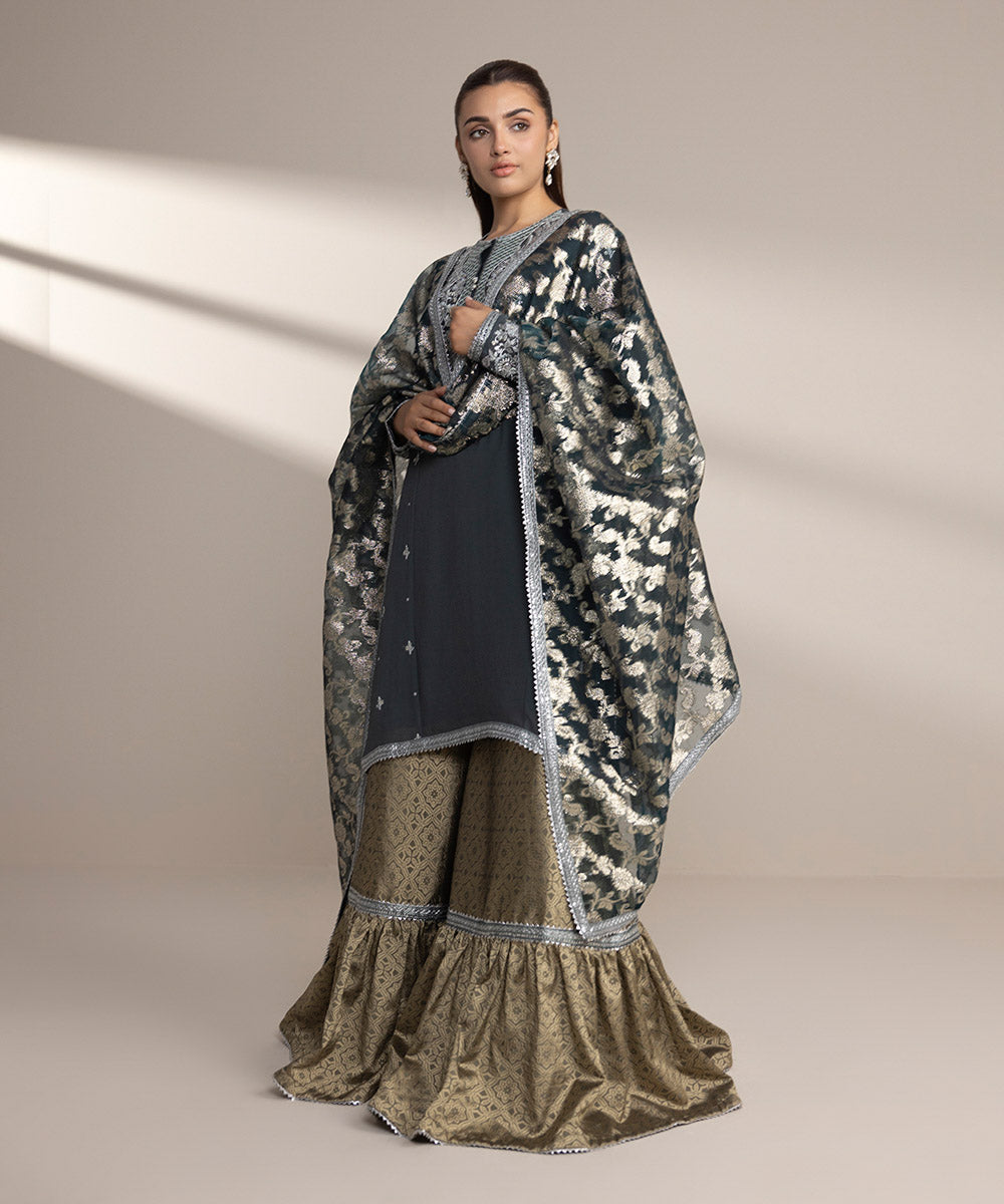 Women's RTW Georgette Chiffon Green Embroidered Three Piece Suit