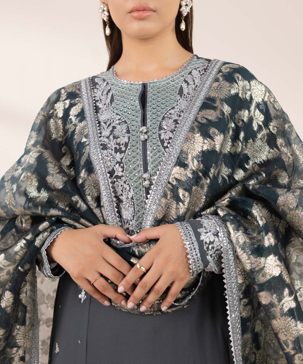 Women's RTW Georgette Chiffon Green Embroidered Three Piece Suit