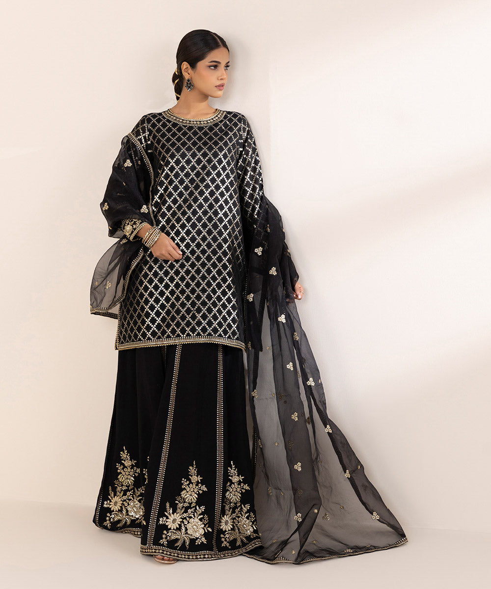 Women's RTW Masoori Black Embroidered Three Piece Suit