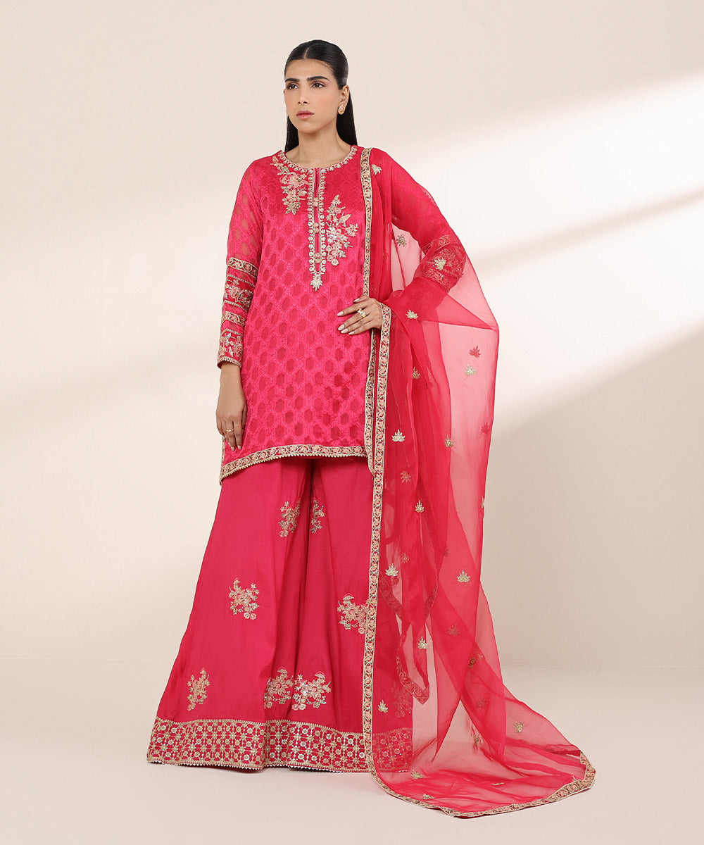 Women's RTW Brochea Jacquard Pink Embroidered Three Piece Suit