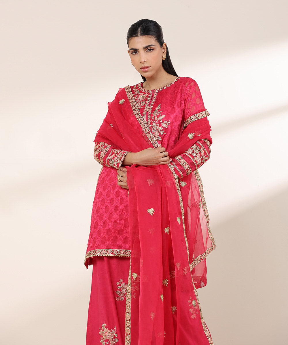 Women's RTW Brochea Jacquard Pink Embroidered Three Piece Suit