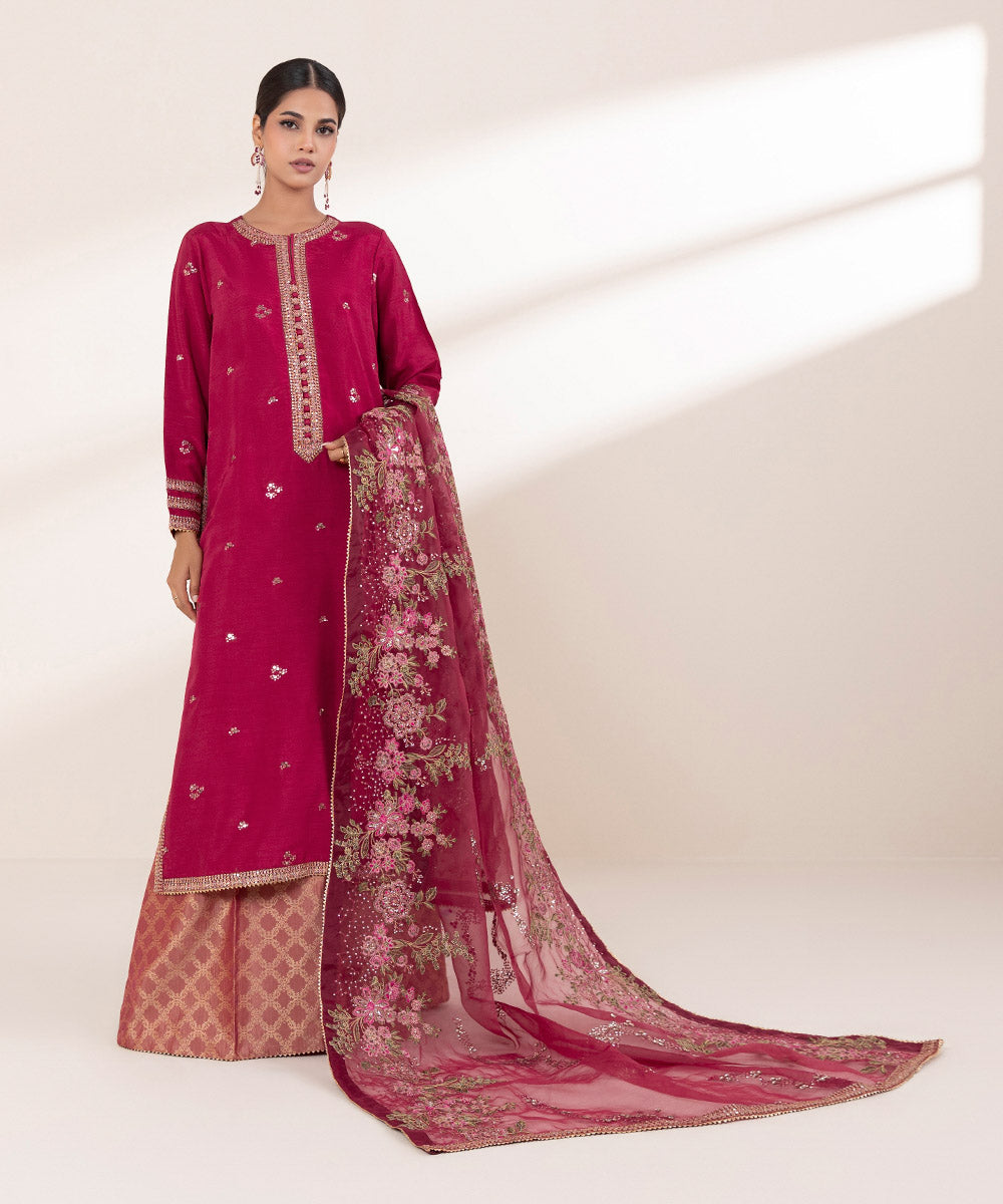 Women's RTW Raw Silk Red Embroidered Three Piece Suit