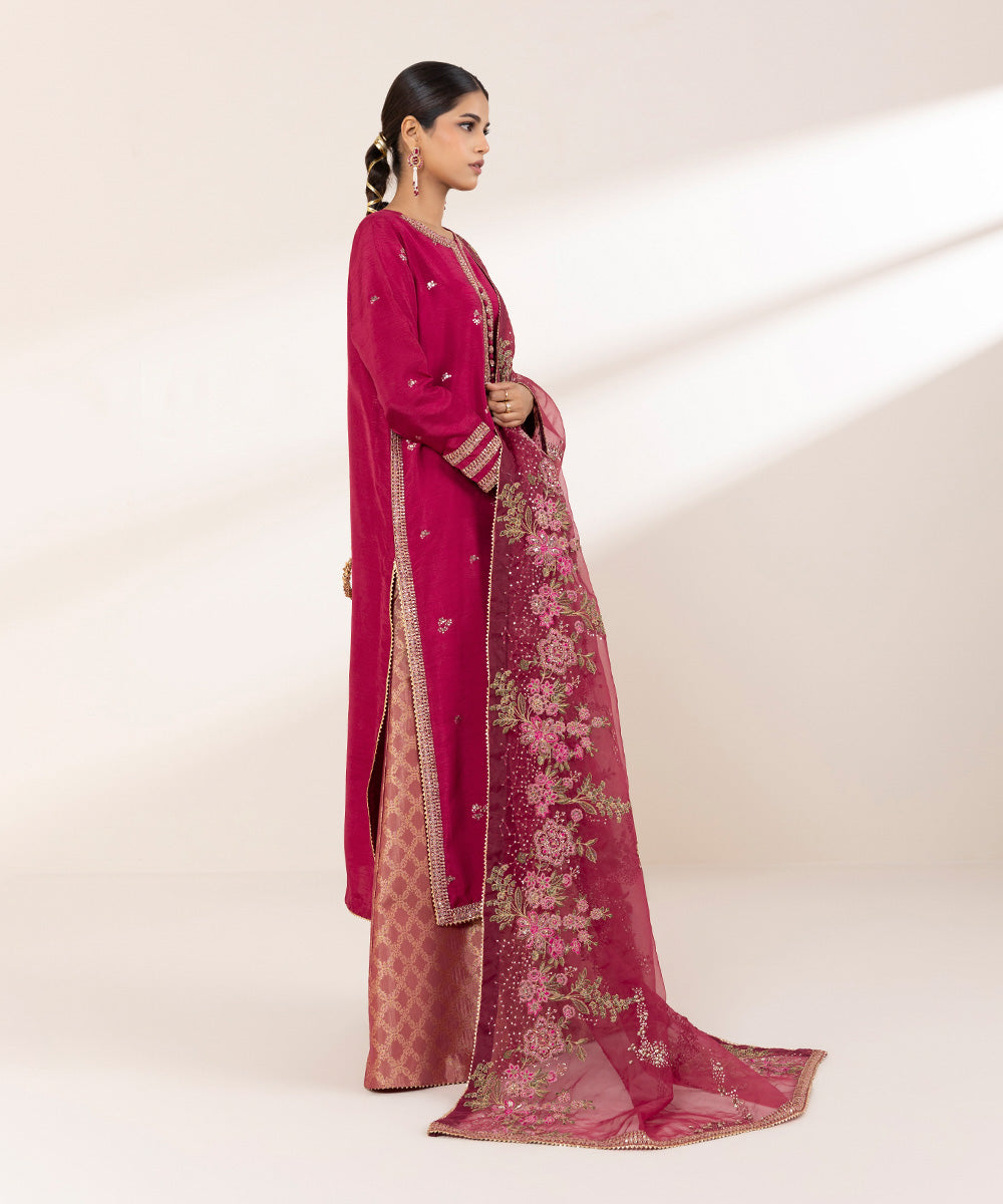 Women's RTW Raw Silk Red Embroidered Three Piece Suit