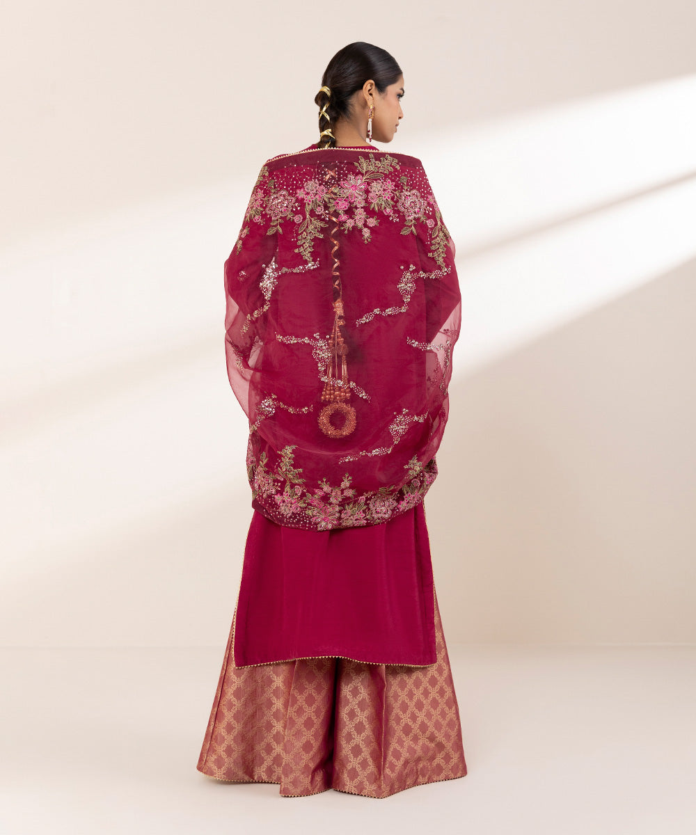 Women's RTW Raw Silk Red Embroidered Three Piece Suit