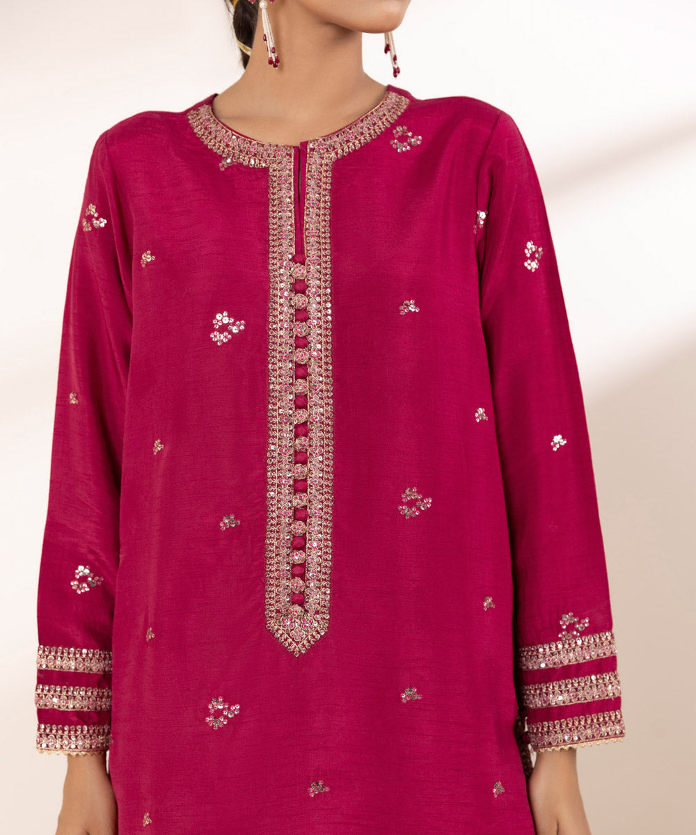 Women's RTW Raw Silk Red Embroidered Three Piece Suit