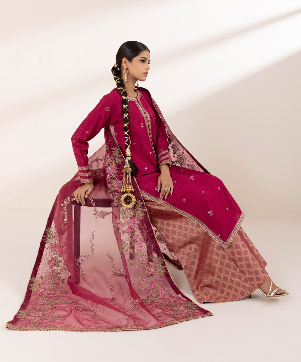 Women's RTW Raw Silk Red Embroidered Three Piece Suit