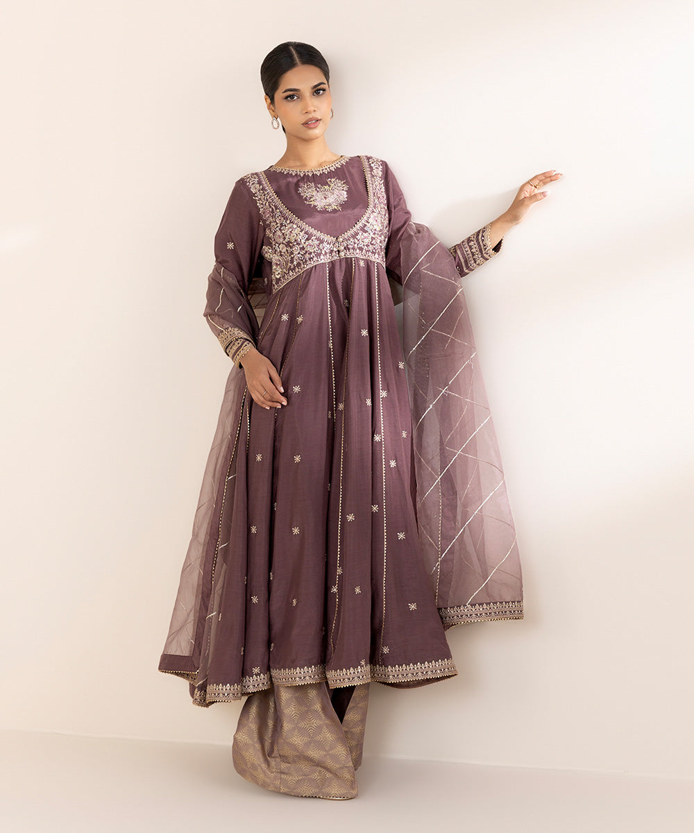 Women's RTW Raw Silk Brown Embroidered Three Piece Suit