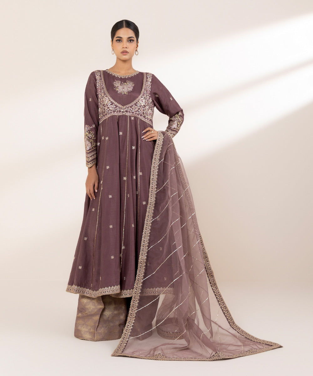 Women's RTW Raw Silk Brown Embroidered Three Piece Suit